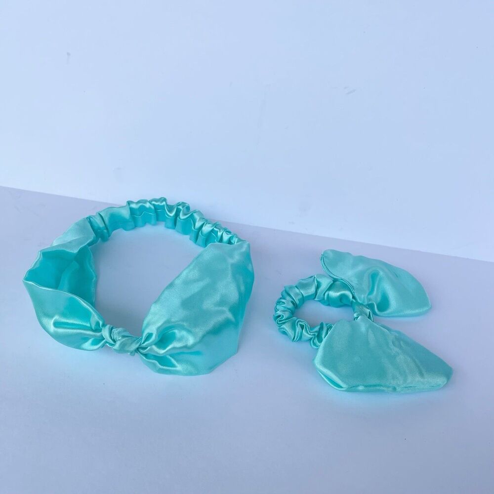New Bow Headband Hair Ponytail Set Aqua Blue Satin Women’s & Girl - Picture 5 of 16